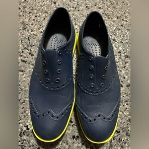 Biion Golf Shoes M 6 W 8 Navy Blue Yellow Neon Spikeless Wingtip Brogue Slip On